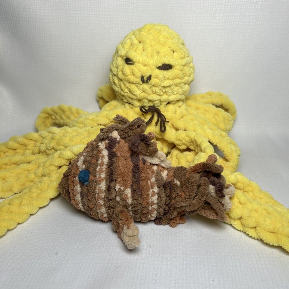 Crochet Yellow Octopus & Brown Fish Soft Yarn Large Plush Stuffed Animal Toy
